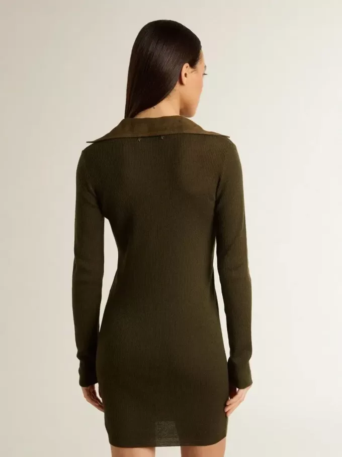 Rochie mini din lână verde militar cu detalii din piele Rochie mini din lână verde militar cu detalii din piele
