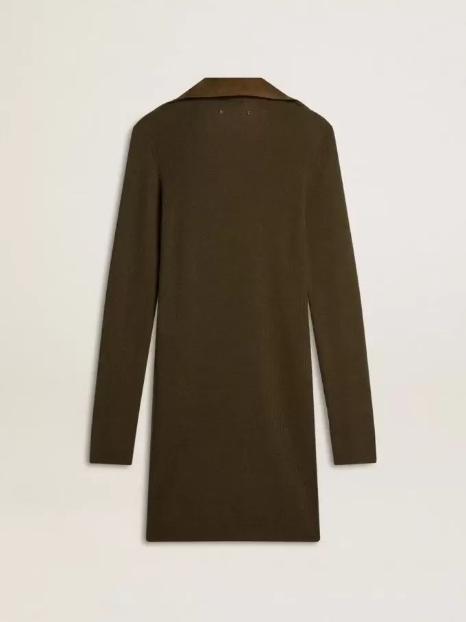 Rochie mini din lână verde militar cu detalii din piele Rochie mini din lână verde militar cu detalii din piele