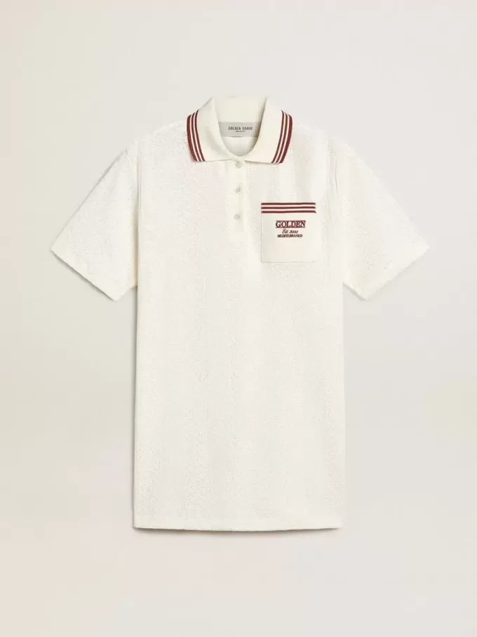 Rochie polo Oasis pentru femei din jersey perforat alb cu dungi burgund Rochie polo Oasis pentru femei din jersey perforat alb cu dungi burgund