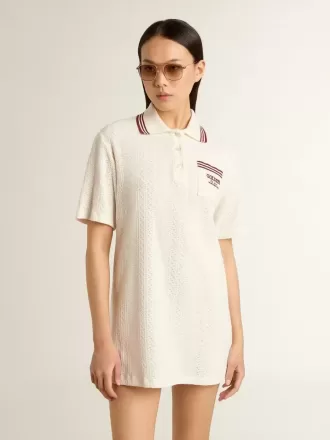 Rochie polo Oasis pentru femei din jersey perforat alb cu dungi burgund