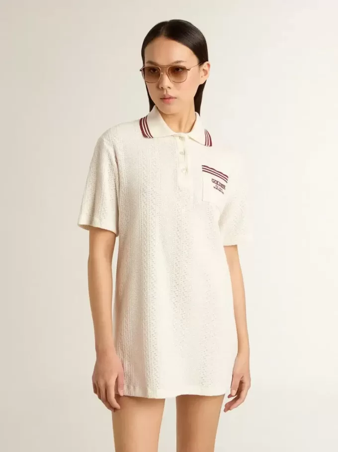 Rochie polo Oasis pentru femei din jersey perforat alb cu dungi burgund Rochie polo Oasis pentru femei din jersey perforat alb cu dungi burgund