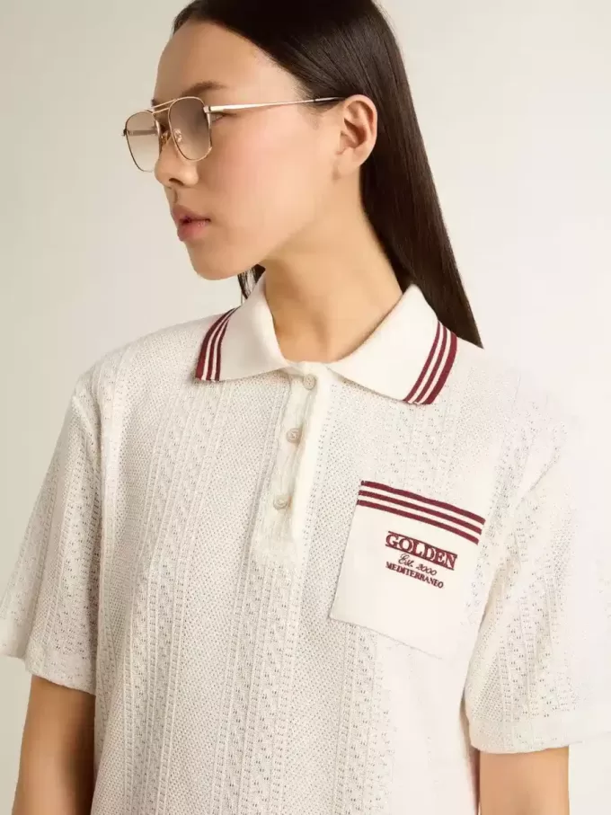Rochie polo Oasis pentru femei din jersey perforat alb cu dungi burgund Rochie polo Oasis pentru femei din jersey perforat alb cu dungi burgund
