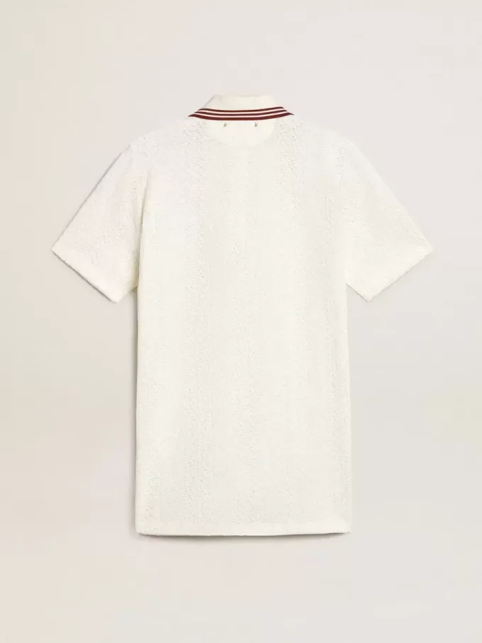 Rochie polo Oasis pentru femei din jersey perforat alb cu dungi burgund Rochie polo Oasis pentru femei din jersey perforat alb cu dungi burgund