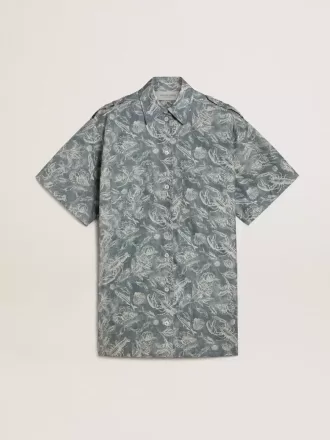 Rochie scurtă pentru femei din poplin de bumbac albastru deschis, cu imprimeu marin pe toată suprafața