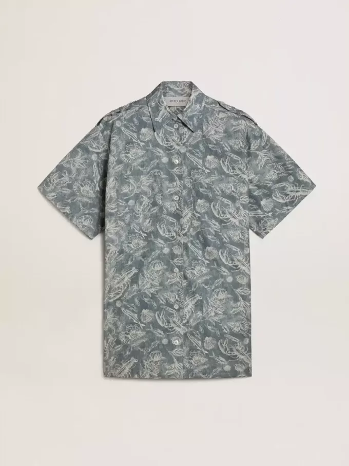 Rochie scurtă pentru femei din poplin de bumbac albastru deschis, cu imprimeu marin pe toată suprafața Rochie scurtă pentru femei din poplin de bumbac albastru deschis, cu imprimeu marin pe toată suprafața