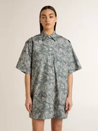 Rochie scurtă pentru femei din poplin de bumbac albastru deschis, cu imprimeu marin pe toată suprafața