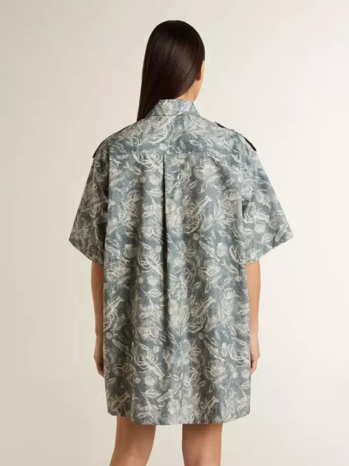 Rochie scurtă pentru femei din poplin de bumbac albastru deschis, cu imprimeu marin pe toată suprafața Rochie scurtă pentru femei din poplin de bumbac albastru deschis, cu imprimeu marin pe toată suprafața