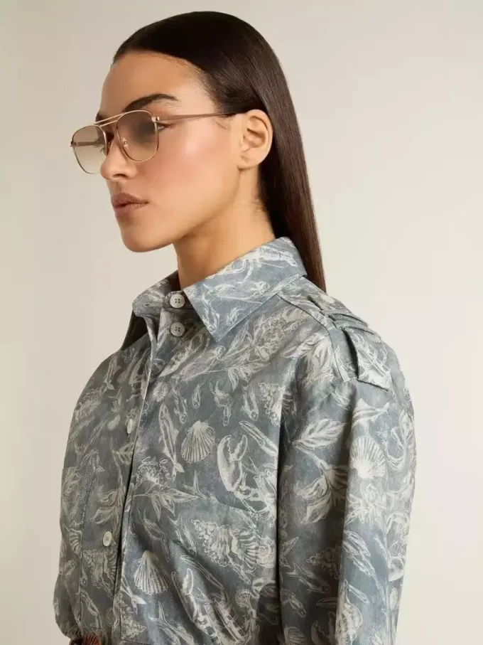 Rochie scurtă pentru femei din poplin de bumbac albastru deschis, cu imprimeu marin pe toată suprafața Rochie scurtă pentru femei din poplin de bumbac albastru deschis, cu imprimeu marin pe toată suprafața
