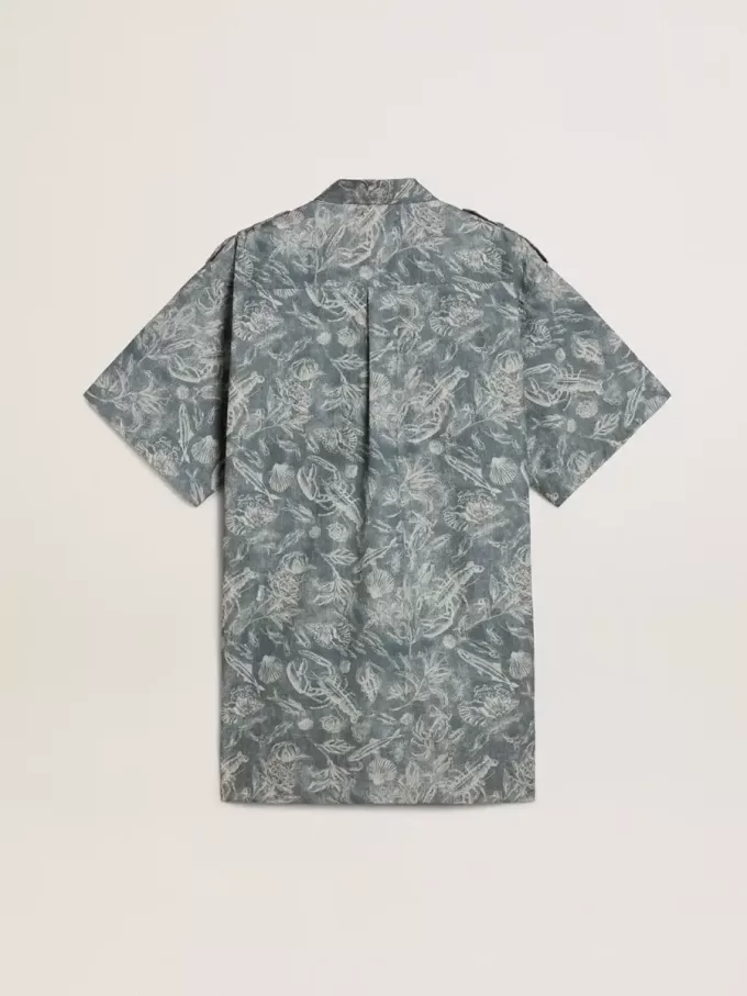 Rochie scurtă pentru femei din poplin de bumbac albastru deschis, cu imprimeu marin pe toată suprafața Rochie scurtă pentru femei din poplin de bumbac albastru deschis, cu imprimeu marin pe toată suprafața