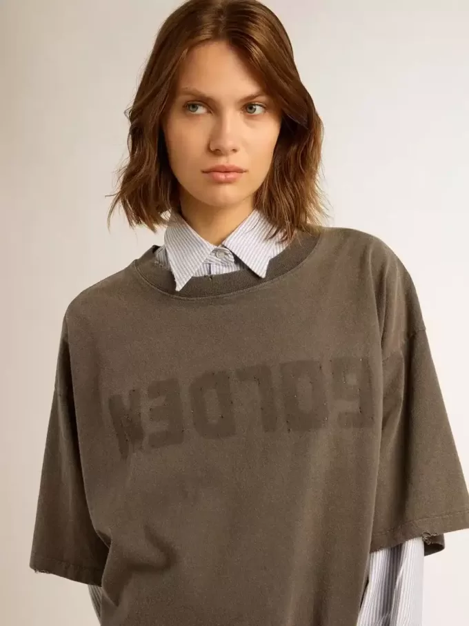 Rochie tricou gri pentru femei, cu finisaj uzat Rochie tricou gri pentru femei, cu finisaj uzat