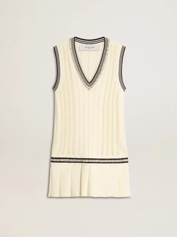 Rochie vestă din bumbac alb uzat pentru femei, cu nervuri albastru închis și cristale Rochie vestă din bumbac alb uzat pentru femei, cu nervuri albastru închis și cristale