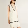 Rochie vestă din bumbac alb uzat pentru femei, cu nervuri albastru închis și cristale Rochie vestă din bumbac alb uzat pentru femei, cu nervuri albastru închis și cristale
