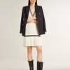 Rochie vestă din bumbac alb uzat pentru femei, cu nervuri albastru închis și cristale Rochie vestă din bumbac alb uzat pentru femei, cu nervuri albastru închis și cristale