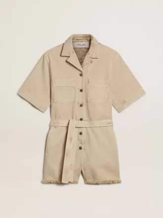 Salopetă pentru femei din denim bej, cu curea și tiv franjurat