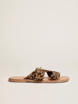 Sandale plate Margaret pentru femei, din piele de ponei cu imprimeu leopard