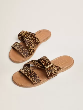 Sandale plate Margaret pentru femei, din piele de ponei cu imprimeu leopard
