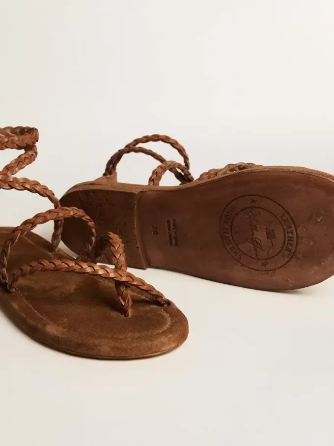 Sandale plate Penelope pentru femei, din piele de tutun, cu talpă din piele de căprioară Sandale plate Penelope pentru femei, din piele de tutun, cu talpă din piele de căprioară