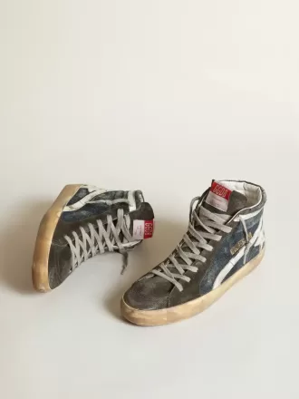 Slide din denim albastru închis cu stea din piele albă Slide din denim albastru închis cu stea din piele albă