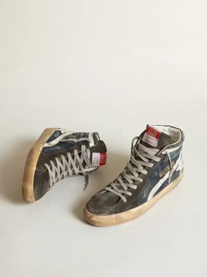 Slide din denim albastru închis cu stea din piele albă Slide din denim albastru închis cu stea din piele albă