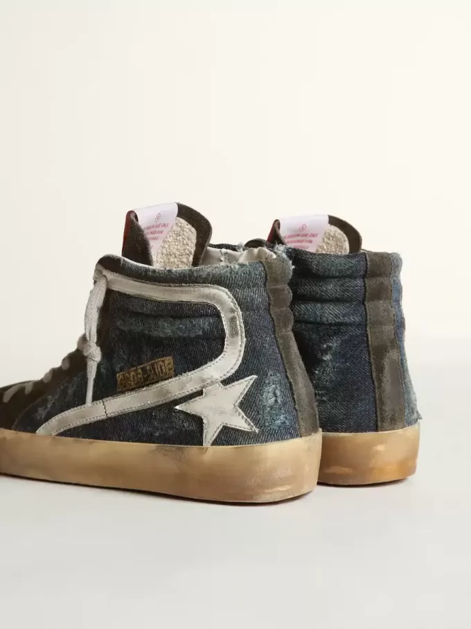 Slide din denim albastru închis cu stea din piele albă Slide din denim albastru închis cu stea din piele albă