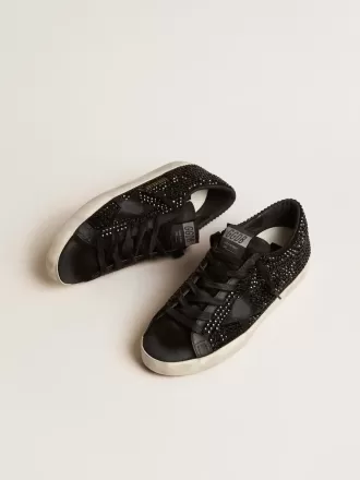 Super-Star din piele de căprioară neagră cu cristale Swarovski și stea din piele de căprioară neagră