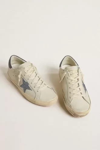 Super-Star LTD cu stea din piele de culoare crem cu cristale Swarovski și călcâi din piele albastră cu imprimeu de șopârlă