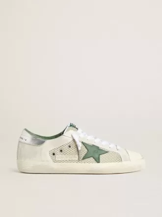 Super-Star LTD pentru bărbați, din piele de căprioară albă și plasă, cu stea din piele verde și talpă argintie Super-Star LTD pentru bărbați, din piele de căprioară albă și plasă, cu stea din piele verde și talpă argintie