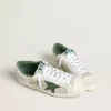 Super-Star LTD pentru bărbați, din piele de căprioară albă și plasă, cu stea din piele verde și talpă argintie Super-Star LTD pentru bărbați, din piele de căprioară albă și plasă, cu stea din piele verde și talpă argintie