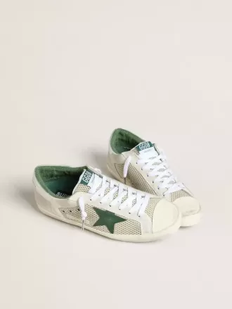 Super-Star LTD pentru bărbați, din piele de căprioară albă și plasă, cu stea din piele verde și talpă argintie Super-Star LTD pentru bărbați, din piele de căprioară albă și plasă, cu stea din piele verde și talpă argintie
