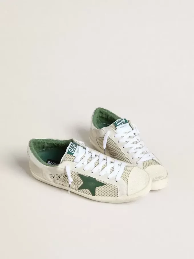 Super-Star LTD pentru bărbați, din piele de căprioară albă și plasă, cu stea din piele verde și talpă argintie Super-Star LTD pentru bărbați, din piele de căprioară albă și plasă, cu stea din piele verde și talpă argintie