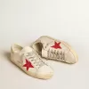Super-Star pentru bărbați din piele nappa cu stea roșie și călcâi din piele crem Super-Star pentru bărbați din piele nappa cu stea roșie și călcâi din piele crem
