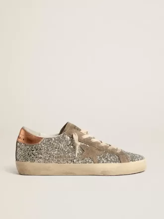 Super-Star pentru femei, cu sclipici platinat și stea din piele de căprioară gri porumbel
