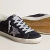 Super-Star pentru femei din piele de căprioară albastră, stea argintie strălucitoare și călcâi din piele Super-Star pentru femei din piele de căprioară albastră, stea argintie strălucitoare și călcâi din piele
