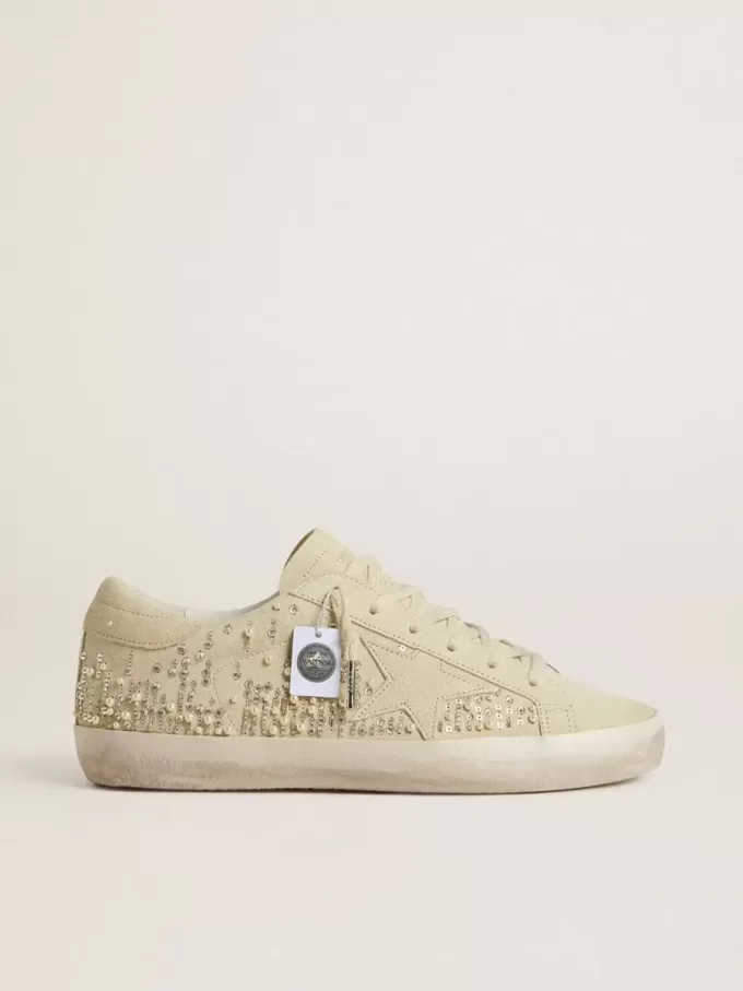 Super-Star pentru femei din piele de căprioară bej cu perle și cristale Swarovski Super-Star pentru femei din piele de căprioară bej cu perle și cristale Swarovski