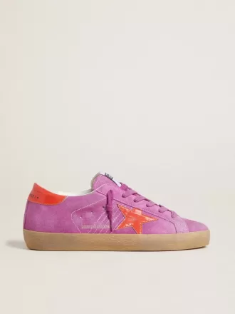 Super-Star pentru femei din piele de căprioară fucsia cu stea și călcâi din piele laminată portocaliu fluorescent