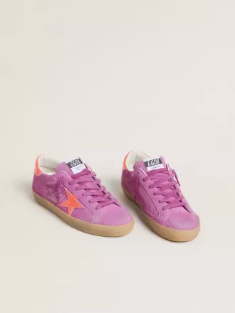 Super-Star pentru femei din piele de căprioară fucsia cu stea și călcâi din piele laminată portocaliu fluorescent