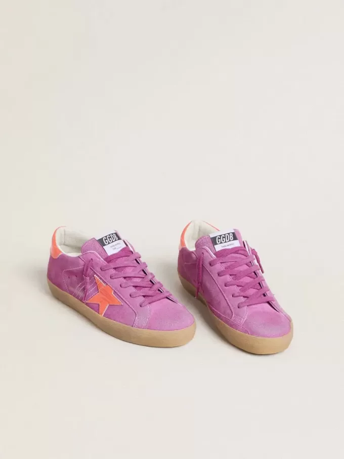 Super-Star pentru femei din piele de căprioară fucsia cu stea și călcâi din piele laminată portocaliu fluorescent