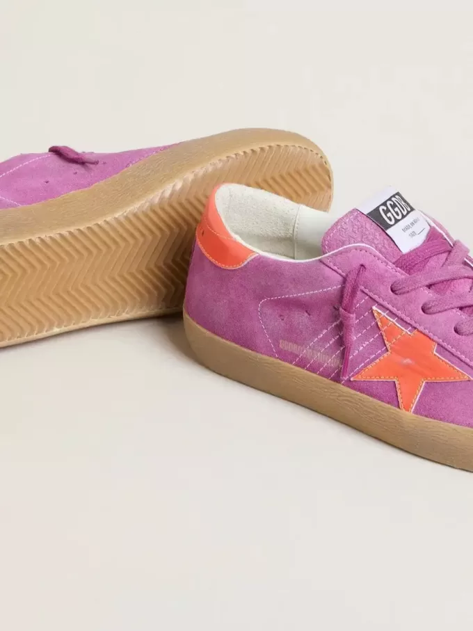 Super-Star pentru femei din piele de căprioară fucsia cu stea și călcâi din piele laminată portocaliu fluorescent
