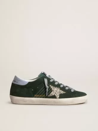 Super-Star pentru femei din piele de căprioară verde, stea argintie strălucitoare și călcâi din piele Super-Star pentru femei din piele de căprioară verde, stea argintie strălucitoare și călcâi din piele