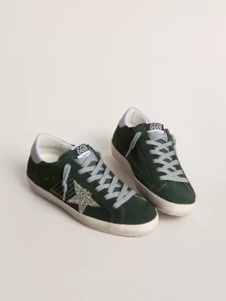 Super-Star pentru femei din piele de căprioară verde, stea argintie strălucitoare și călcâi din piele Super-Star pentru femei din piele de căprioară verde, stea argintie strălucitoare și călcâi din piele