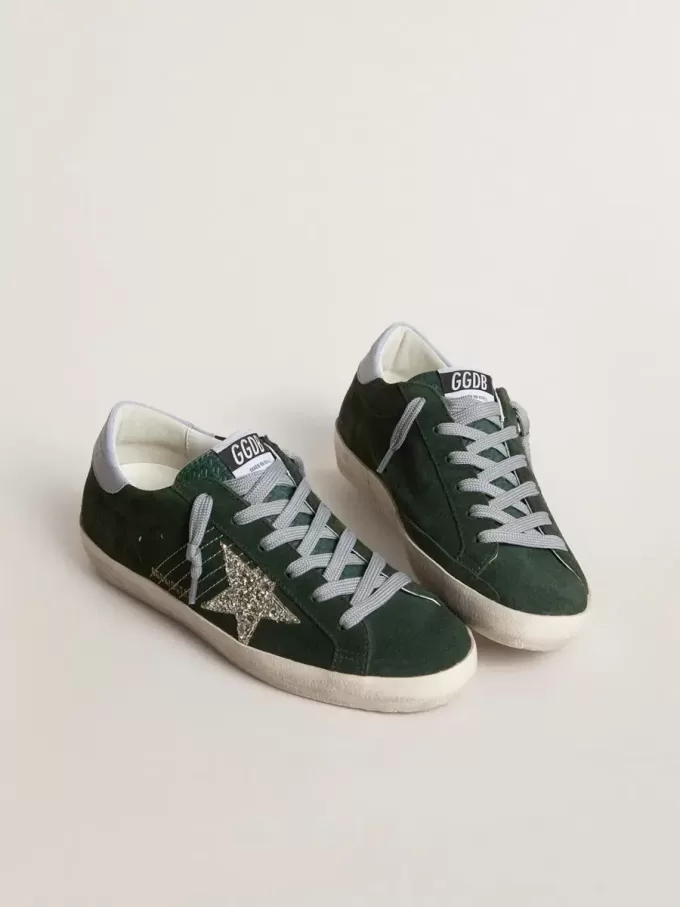 Super-Star pentru femei din piele de căprioară verde, stea argintie strălucitoare și călcâi din piele Super-Star pentru femei din piele de căprioară verde, stea argintie strălucitoare și călcâi din piele