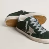Super-Star pentru femei din piele de căprioară verde, stea argintie strălucitoare și călcâi din piele Super-Star pentru femei din piele de căprioară verde, stea argintie strălucitoare și călcâi din piele