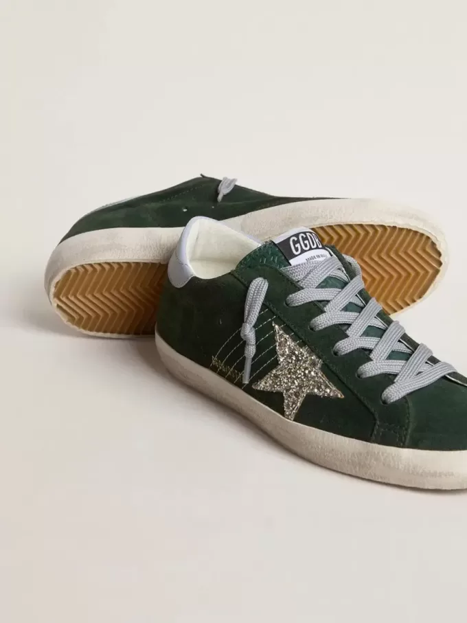 Super-Star pentru femei din piele de căprioară verde, stea argintie strălucitoare și călcâi din piele Super-Star pentru femei din piele de căprioară verde, stea argintie strălucitoare și călcâi din piele