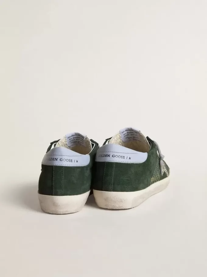 Super-Star pentru femei din piele de căprioară verde, stea argintie strălucitoare și călcâi din piele Super-Star pentru femei din piele de căprioară verde, stea argintie strălucitoare și călcâi din piele