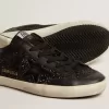 Super-Star pentru femei, din piele nappa neagră și sclipici, cu stea din piele neagră lucioasă Super-Star pentru femei, din piele nappa neagră și sclipici, cu stea din piele neagră lucioasă