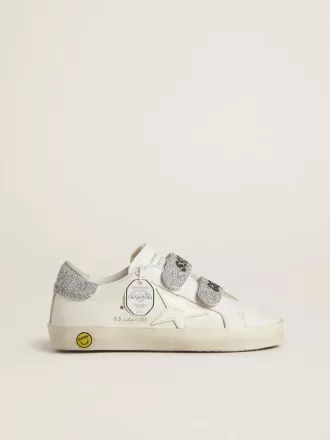 Teen Old School din piele albă cu talpă și curele cu cristale Swarovski argintii