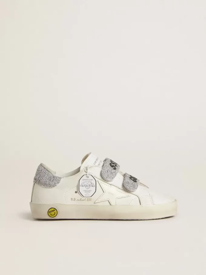 Teen Old School din piele albă cu talpă și curele cu cristale Swarovski argintii