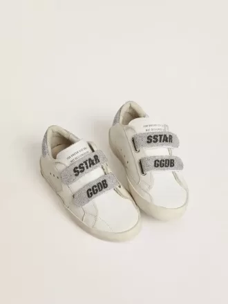 Teen Old School din piele albă cu talpă și curele cu cristale Swarovski argintii