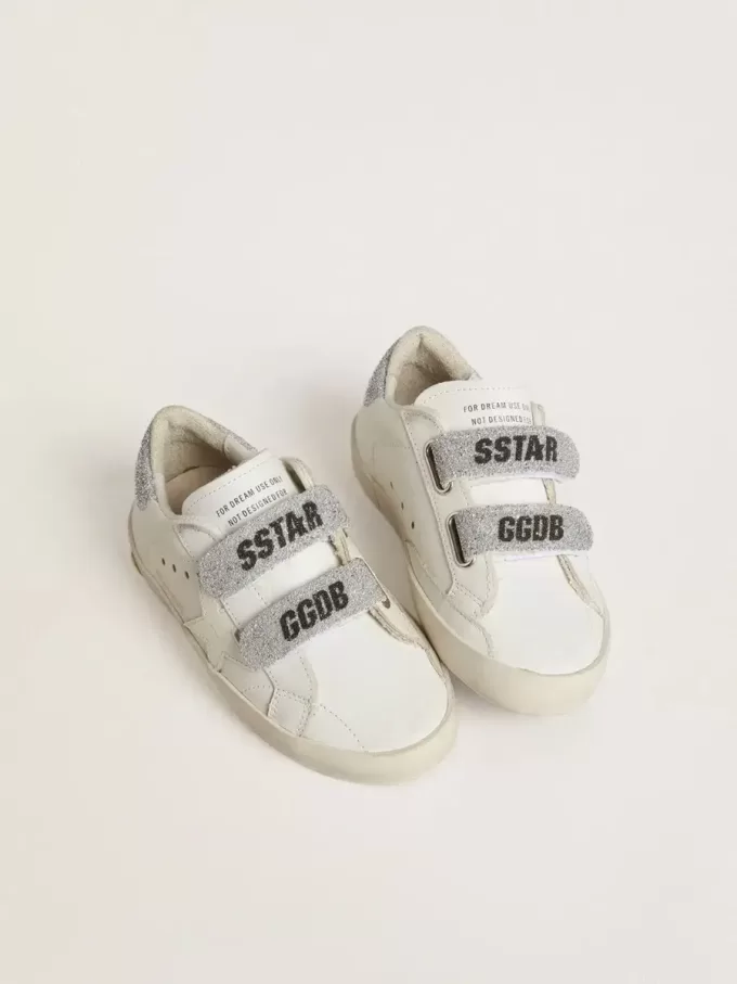 Teen Old School din piele albă cu talpă și curele cu cristale Swarovski argintii