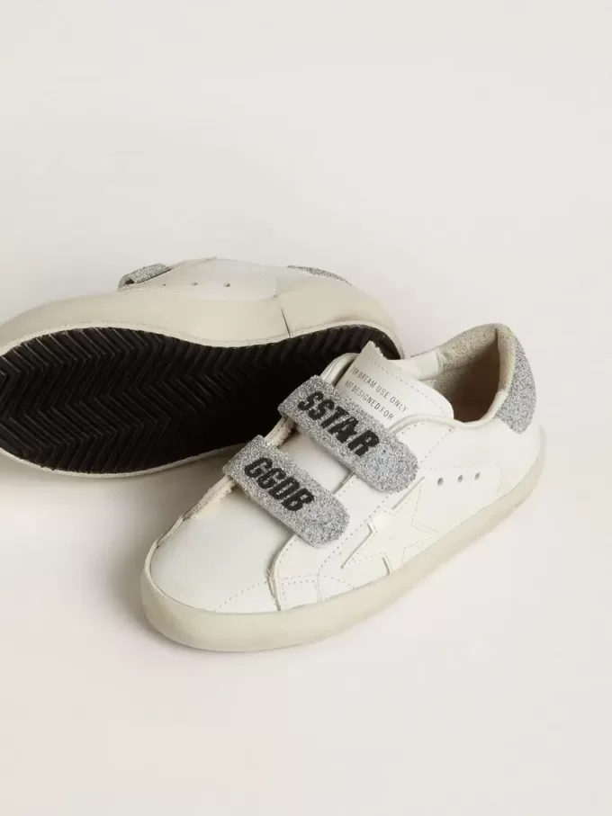 Teen Old School din piele albă cu talpă și curele cu cristale Swarovski argintii